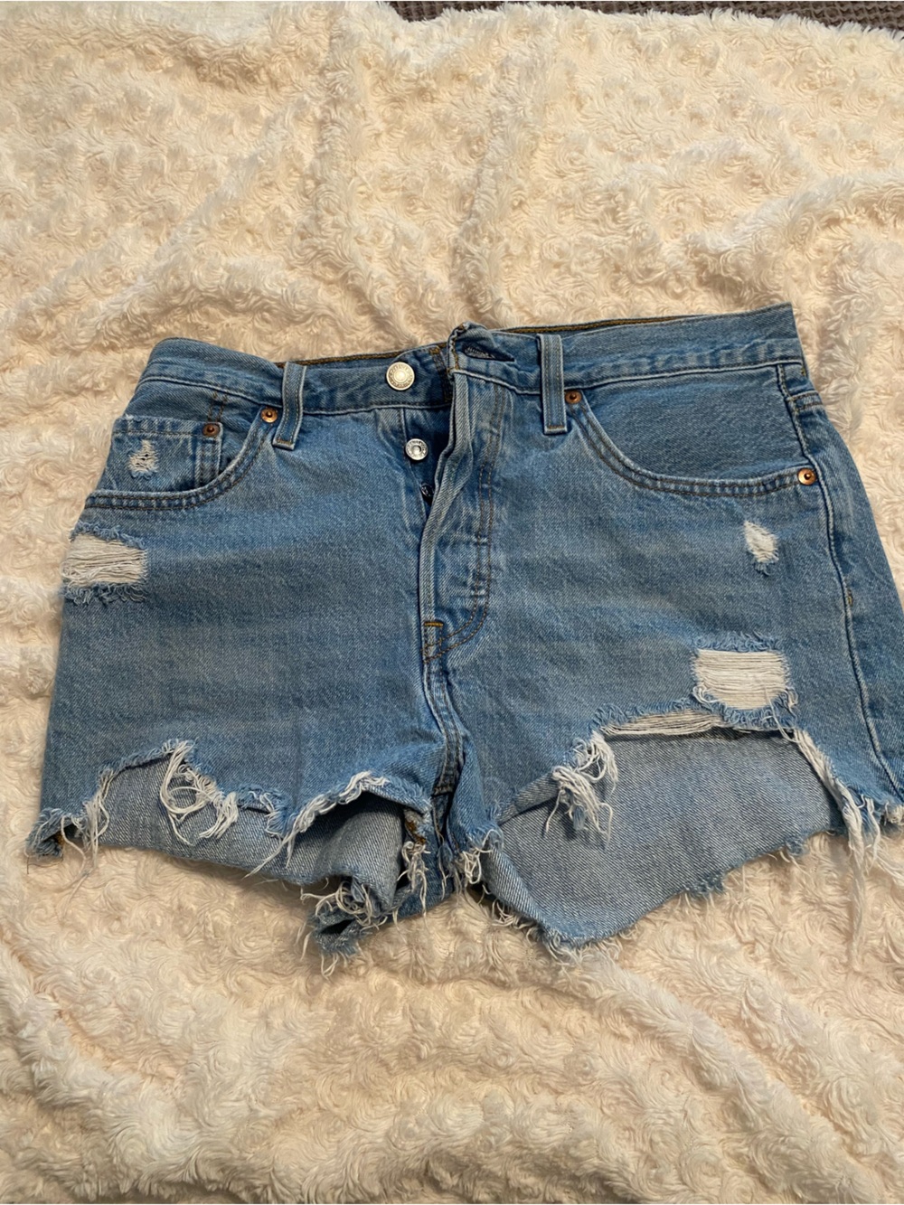 Levi 501 Distressed High-Waist Denim Shorts - Light Blue